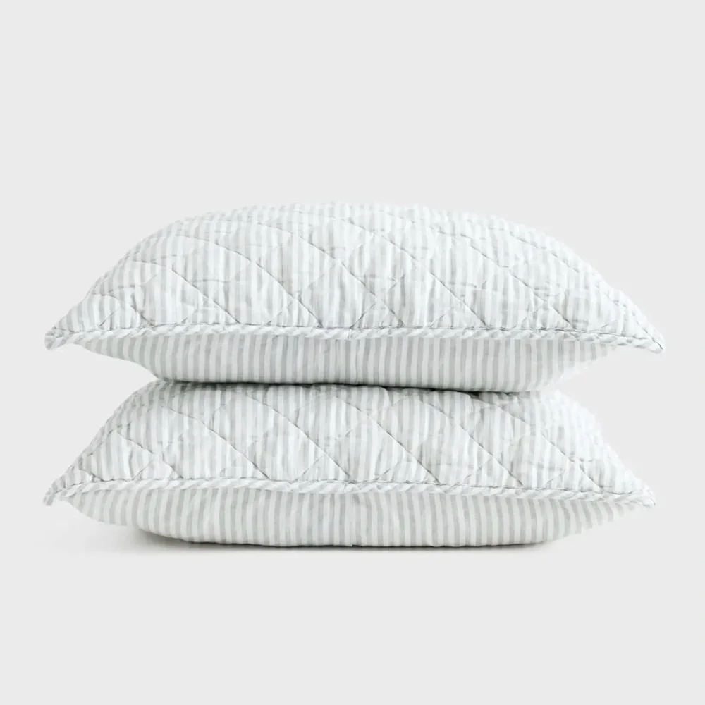 NWT Quince European Linen Stripe Quilted King Shams in Mist White Stripe